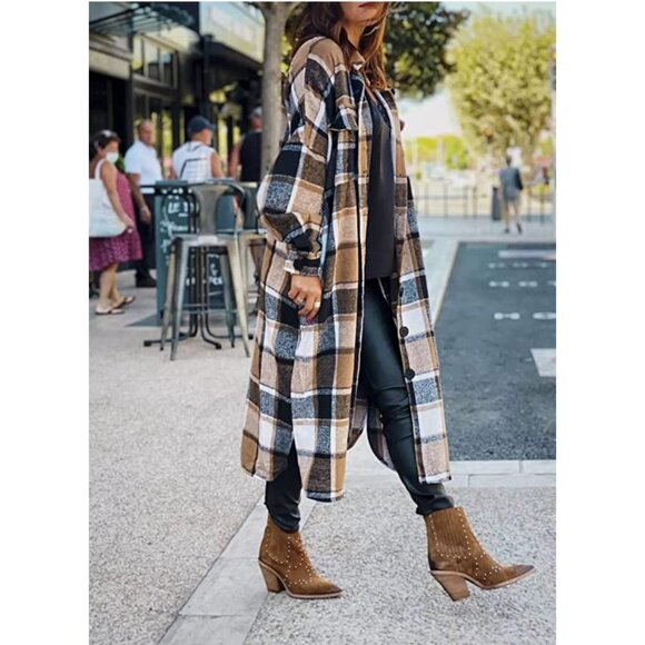 Brown Plaid Print‎ Button Down Long Midi Trench Flannel Jacket Shacket - Picture 2 of 7